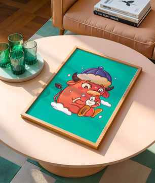 Winter cow cartoon with snowman on turquoise background