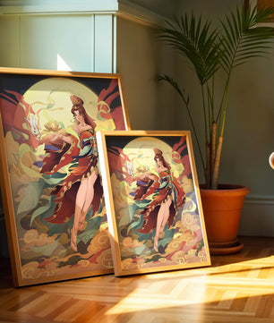 An enchanting depiction of a celestial figure with a mystical rabbit and vibrant attire