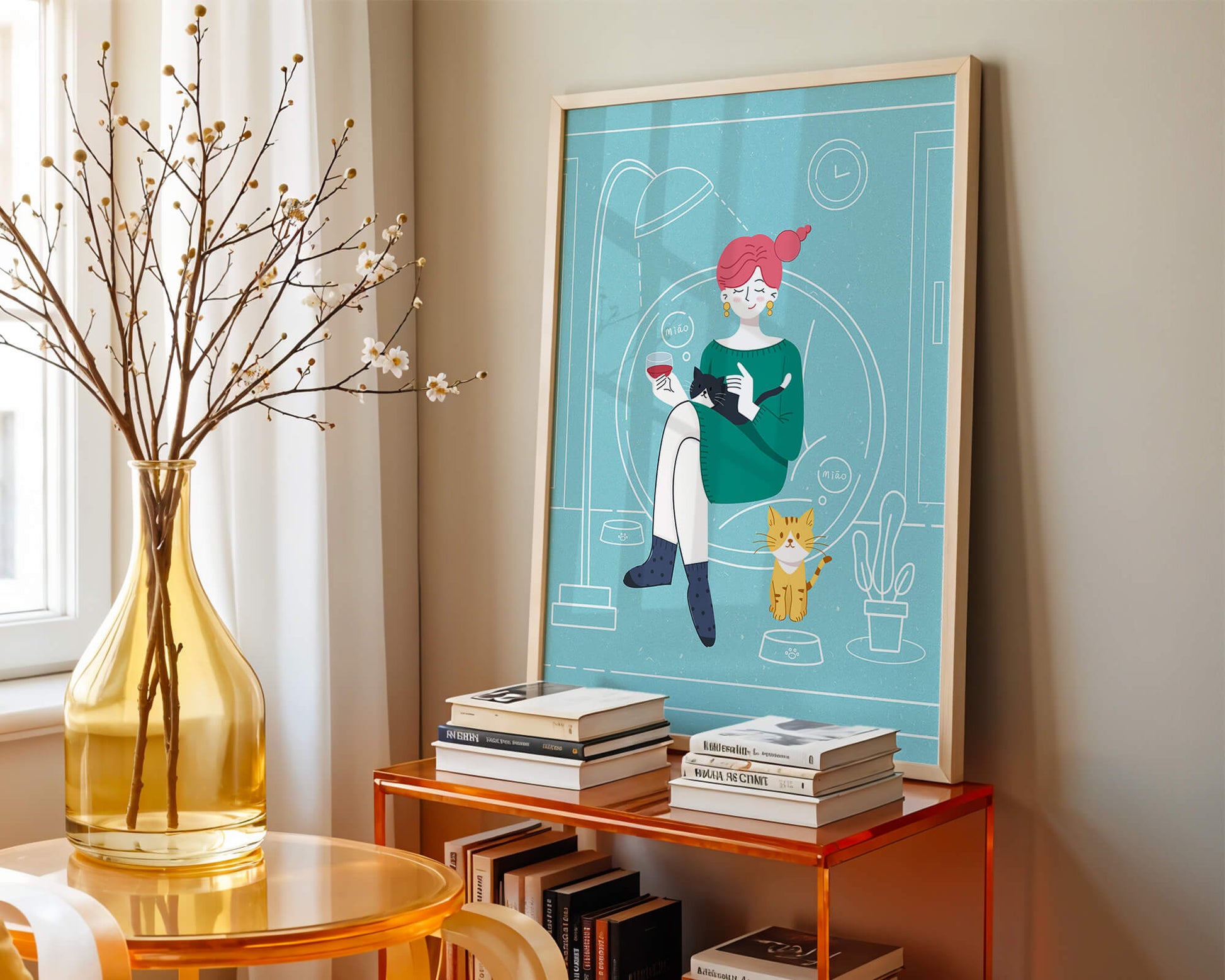 Acogedora velada con gatos en una sala de estar escandinava