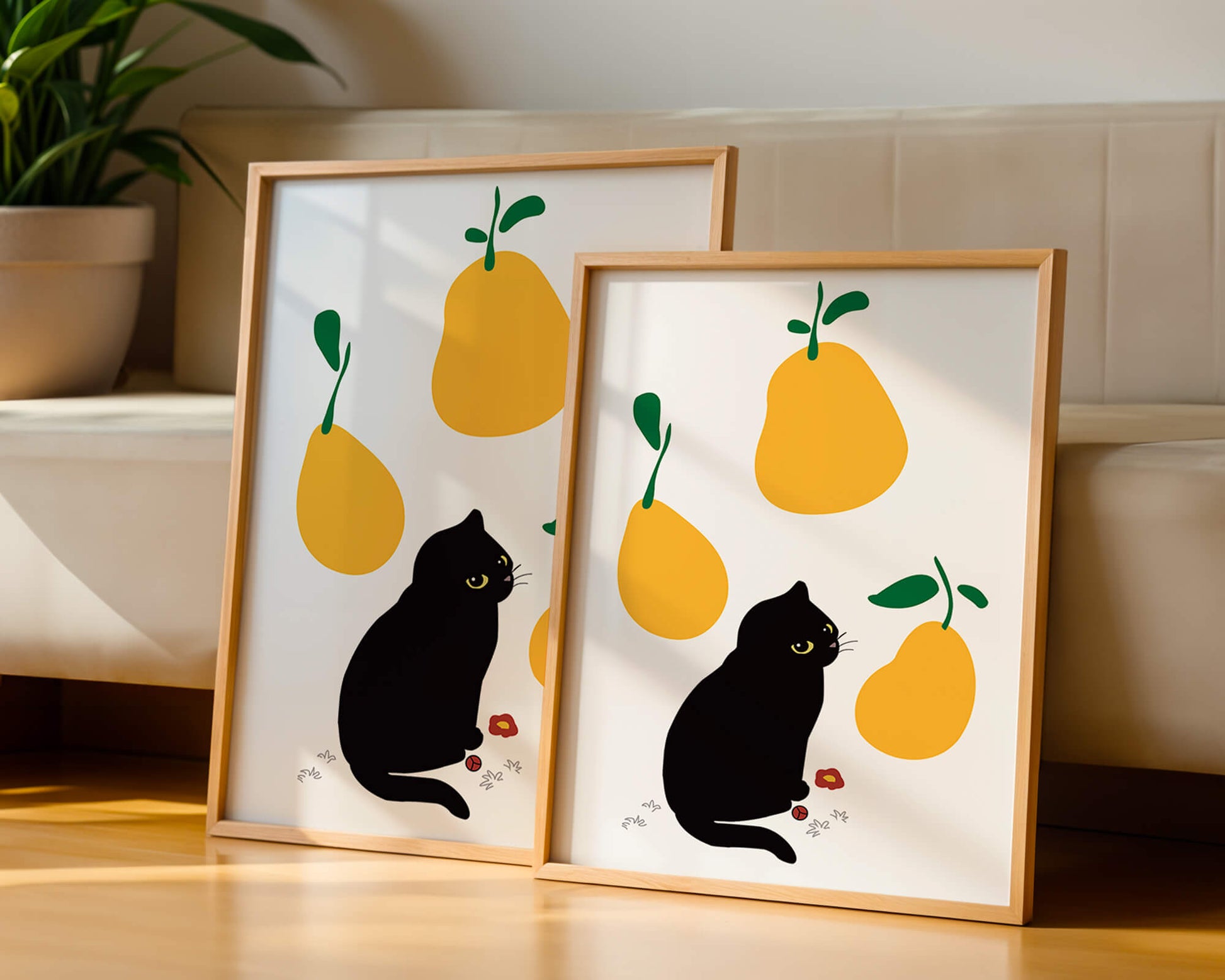 Ilustración de gato negro con peras amarillas y hojas verdes