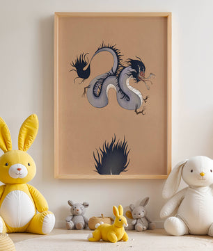 Illustration of a mystical dragon with fluid form on a beige background