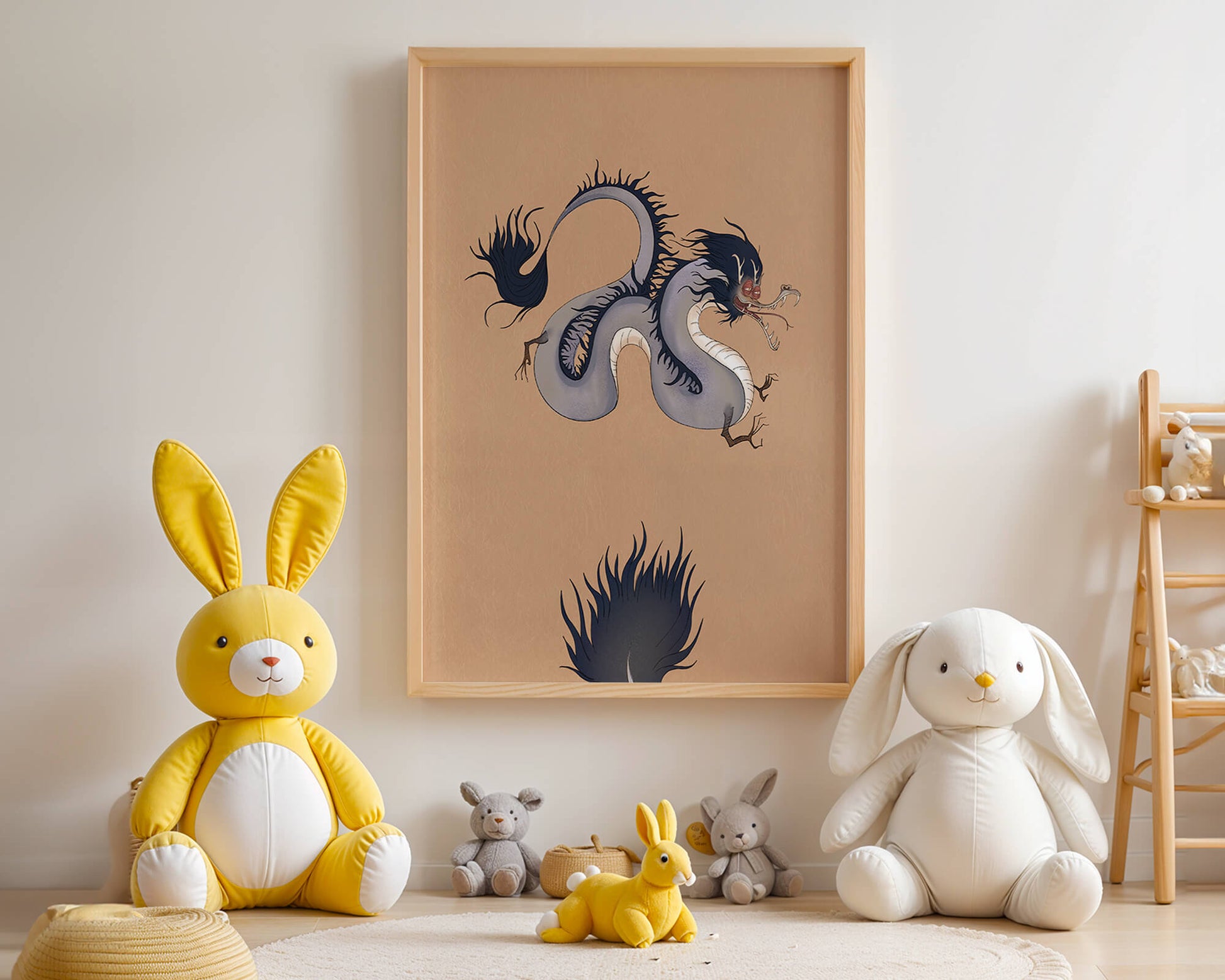 Illustration of a mystical dragon with fluid form on a beige background