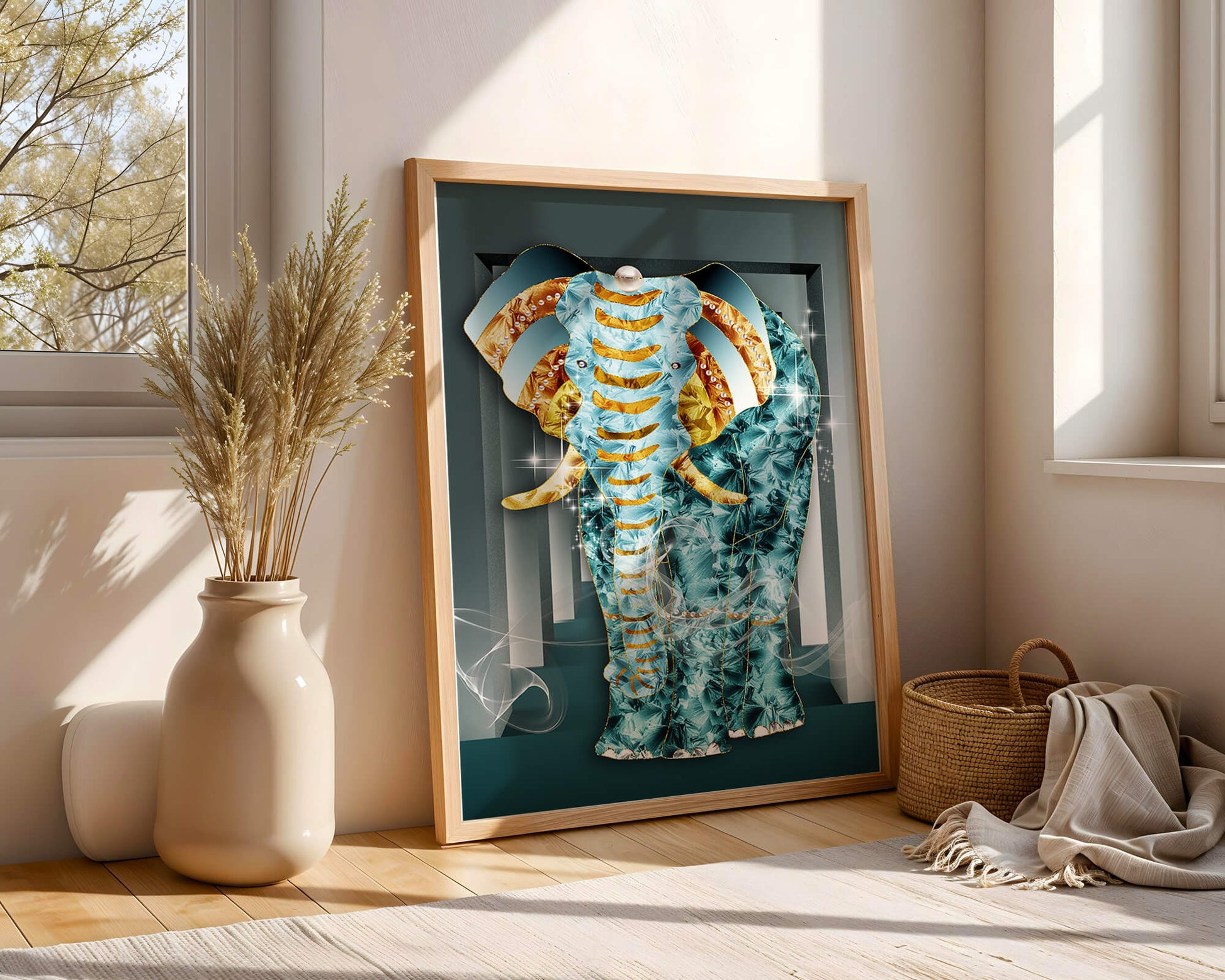 Elephant with Gold and Blue Textures in Surreal Geometric Background