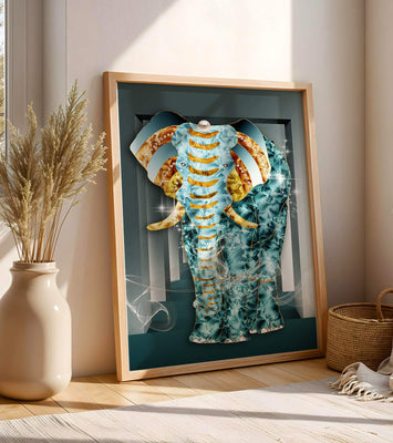 Elephant with Gold and Blue Textures in Surreal Geometric Background