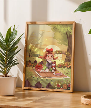 Whimsical picnic scene with a young girl and teddy bear under sunset in vibrant meadow