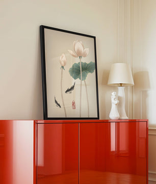Fleurs de lotus et carpes koï dans une illustration d’art asiatique minimaliste