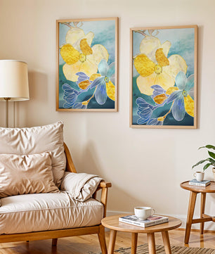Abstract Floral Art with Golden Accents on Blue Background