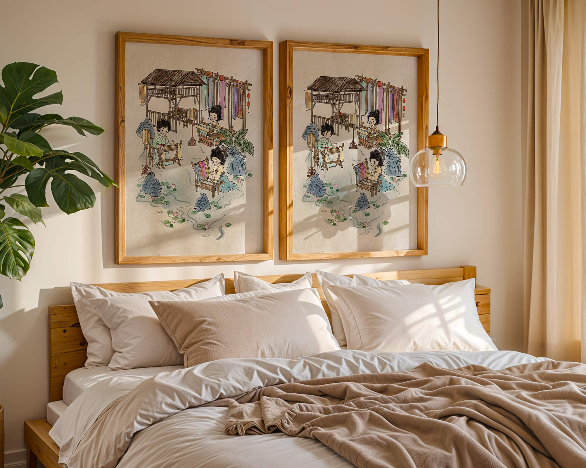 Charming illustration of traditional textile crafts in a serene setting