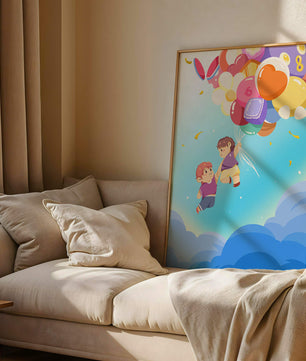 Ilustración caprichosa de niños en el cielo con globos de colores