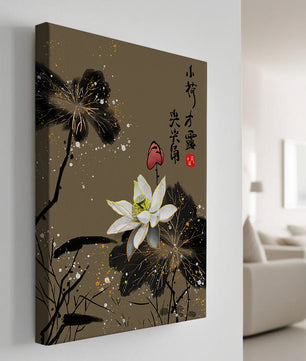 Elegant oriental floral art with gold accents and calligraphy