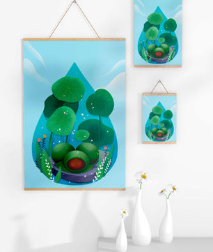 Nature-inspired abstract illustration with leaves and spheres
