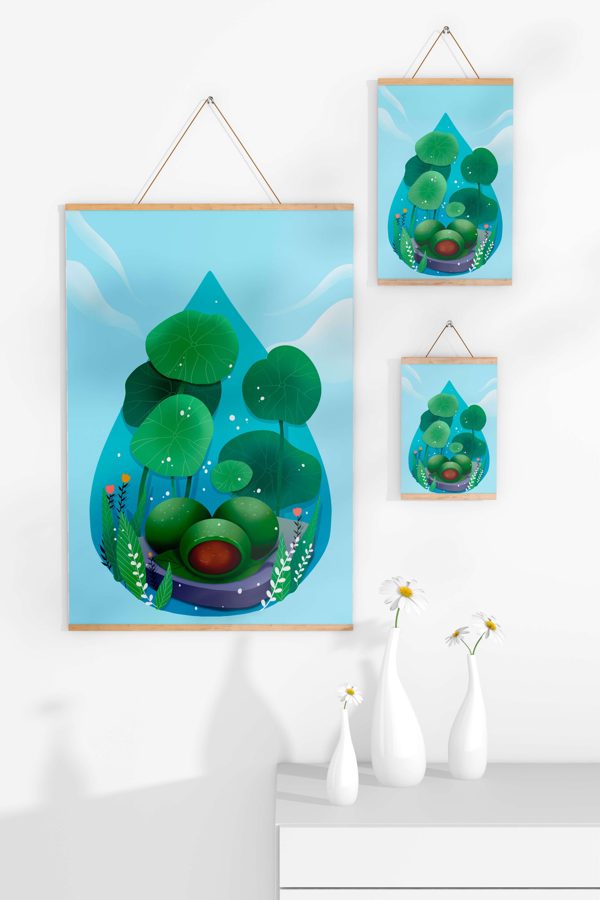 Nature-inspired abstract illustration with leaves and spheres