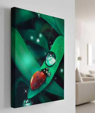 Ladybug on a Leaf with Dew Drops in a Vibrant Nature Scene - Mi tienda