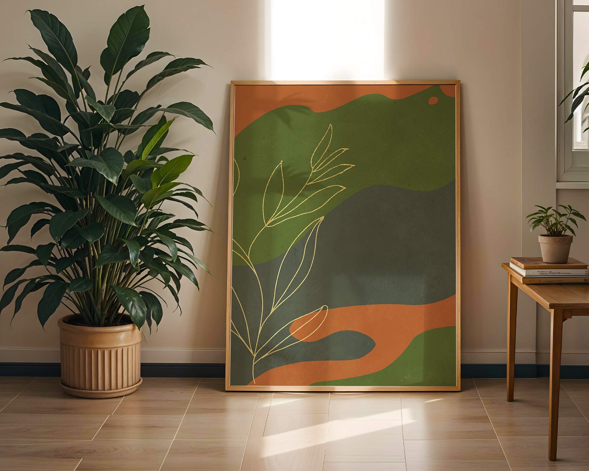 Abstrakte botanische Kunst mit Goldblatt auf buntem Hintergrund