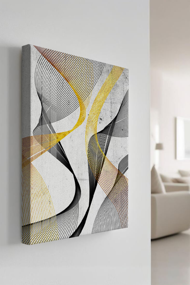 Abstract dynamic lines with golden and black swirls on textured background