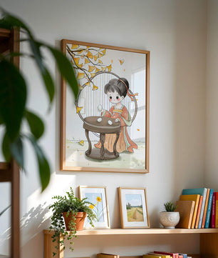 Charmante illustration d'une fille en tenue traditionnelle avec des feuilles de ginkgo