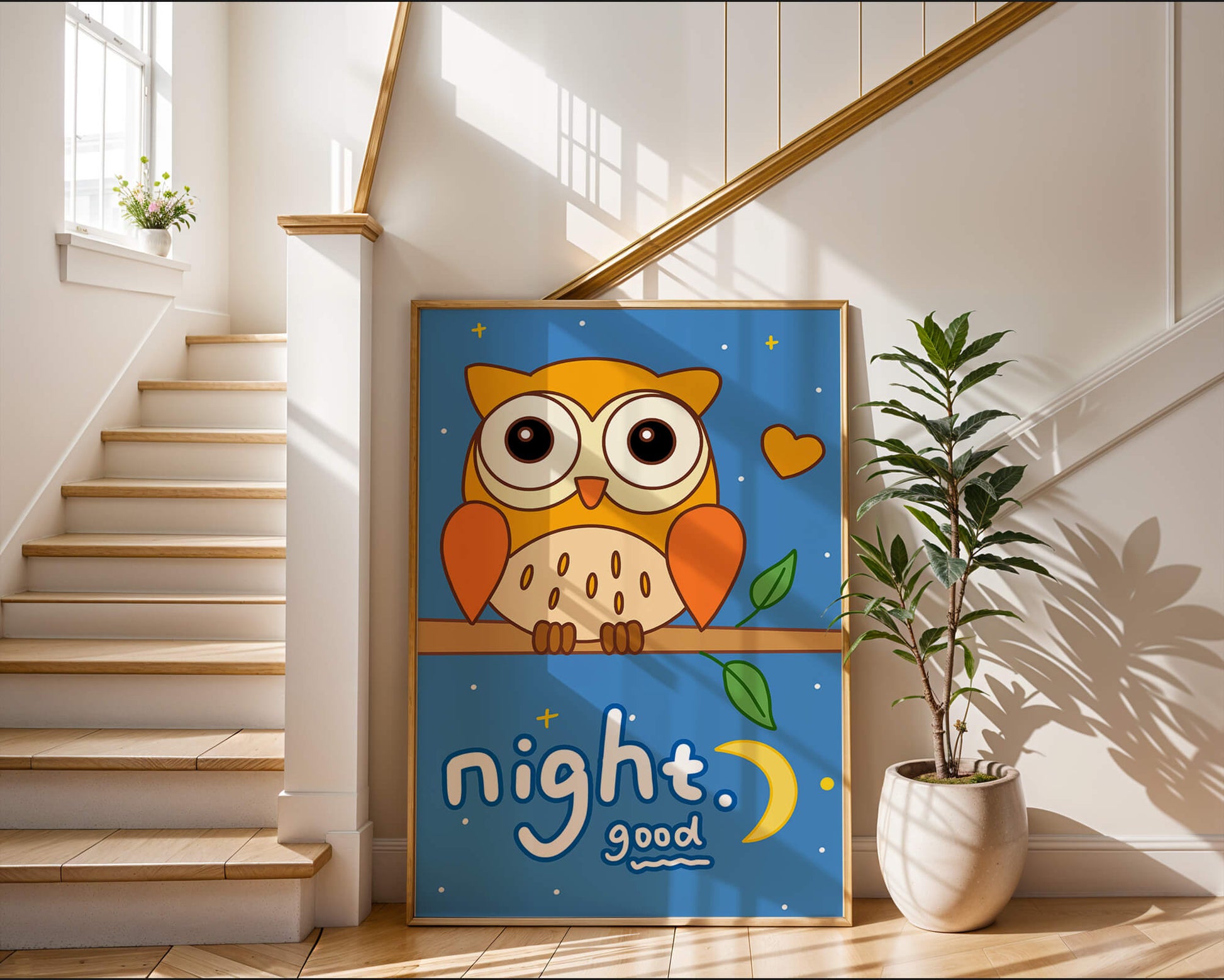 Colorful owl illustration with night theme and positive message