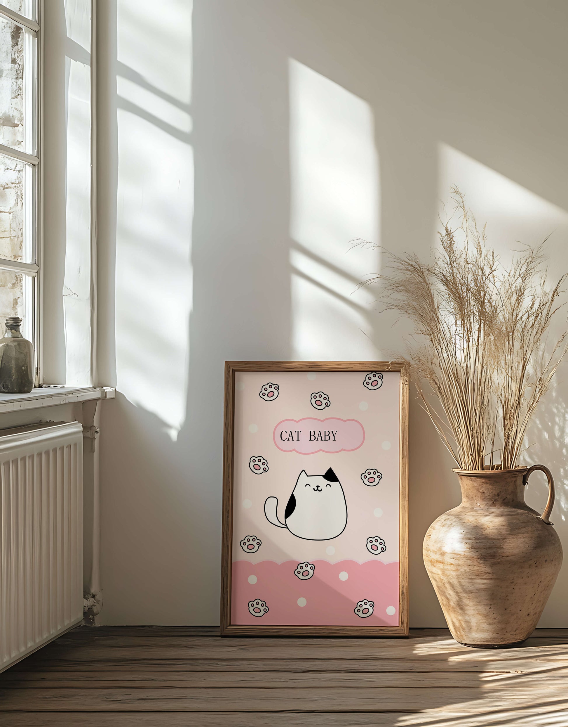 Adorable cat baby illustration with cute paw prints and polka dots