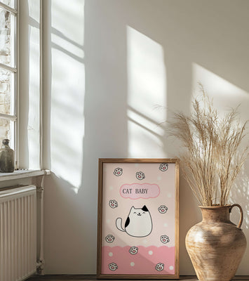 Adorable cat baby illustration with cute paw prints and polka dots