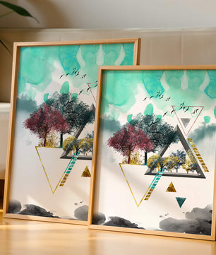 Abstract Geometric Landscape with Vibrant Trees and Birds - Mi tienda