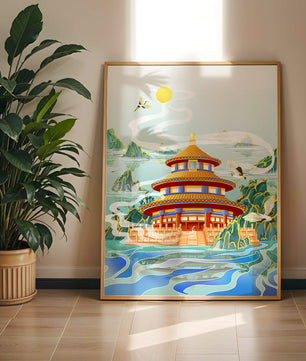 Alter chinesischer Pavillon am Wasser mit Kranichen und Bergen