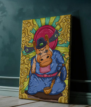 Ilustración colorida de un personaje animal caprichoso con alrededores ornamentados