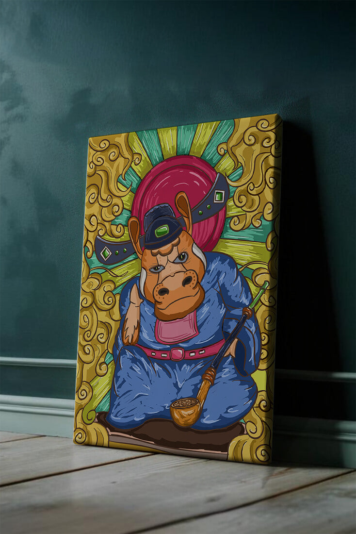 Traducción al español: Ilustración colorida de un personaje animal caprichoso con decoraciones ornamentadas a su alrededor.
