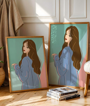 Stylish woman illustration with long hair in pastel shades