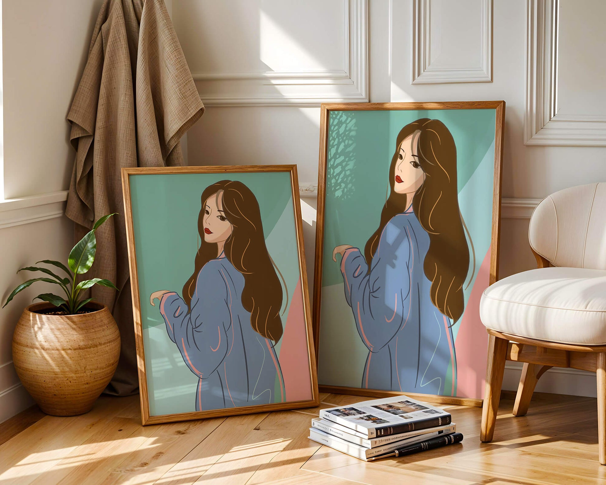 Stylish woman illustration with long hair in pastel shades