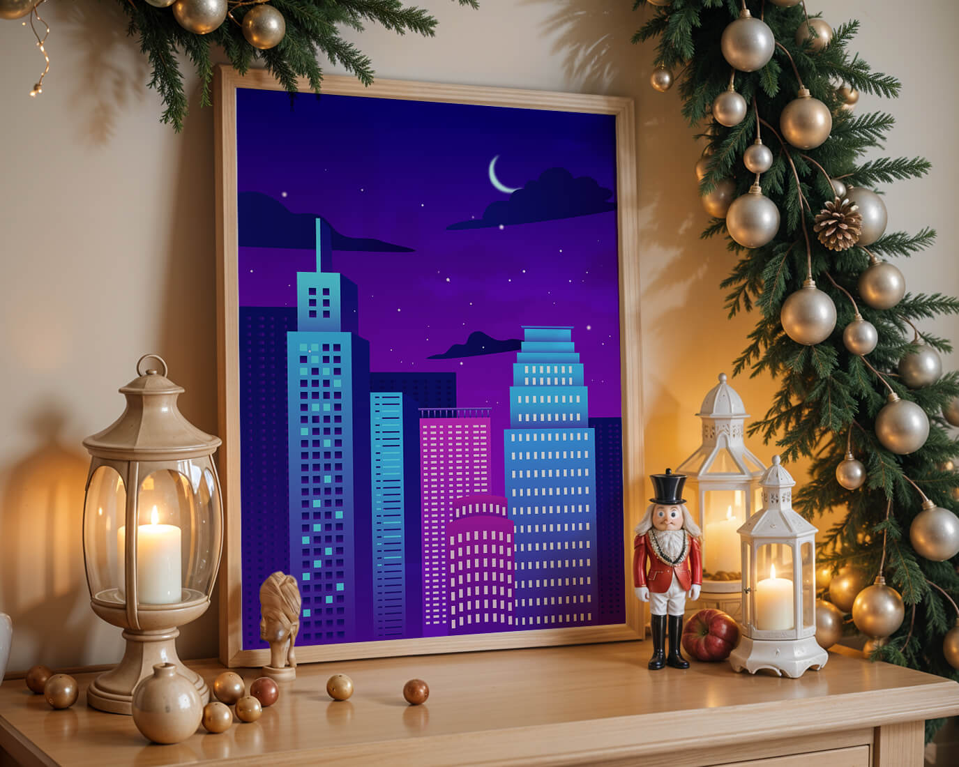 Vibrant city skyline at night with modern skyscrapers and starry sky