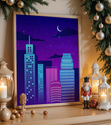 Vibrant city skyline at night with modern skyscrapers and starry sky