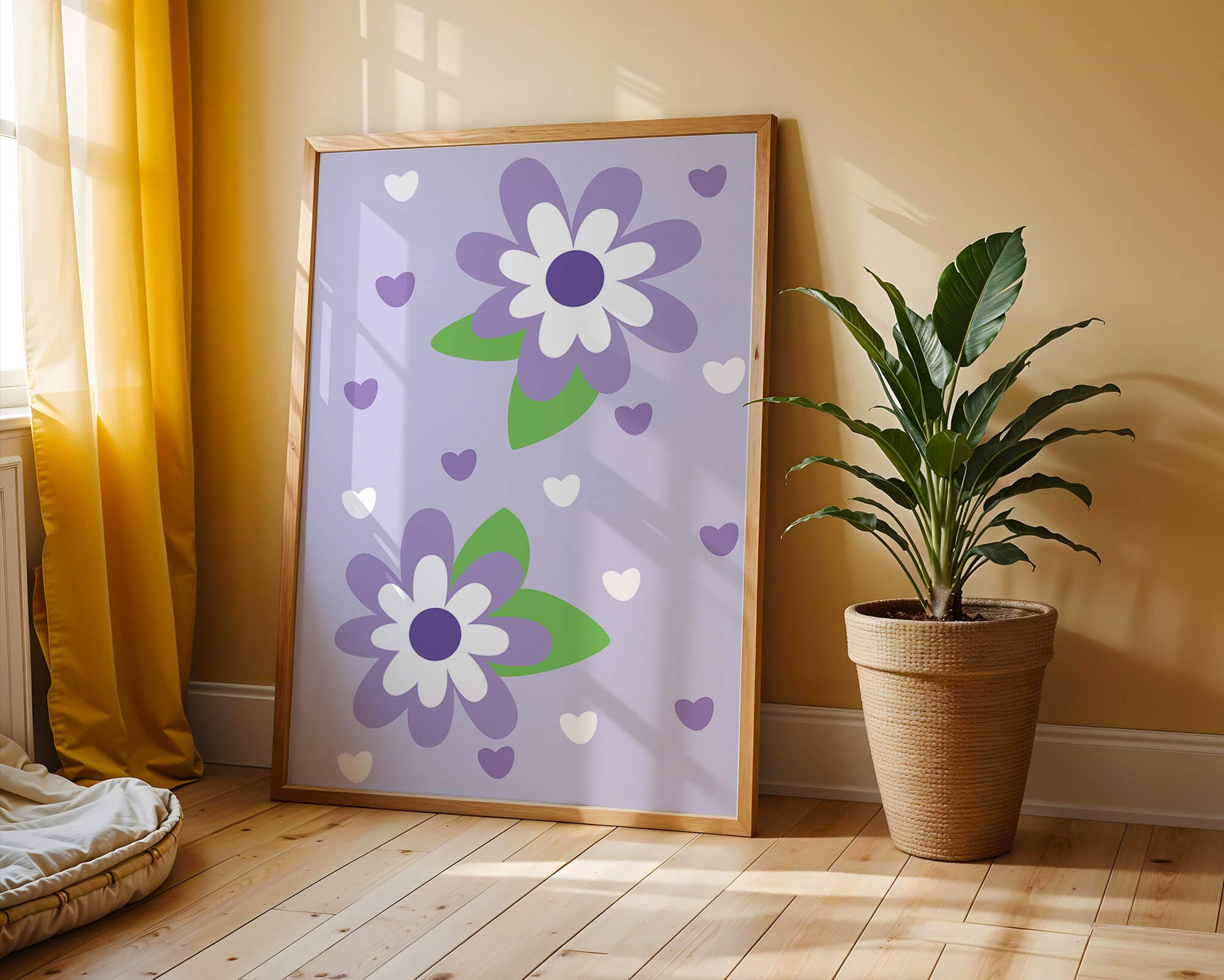 Elegant purple floral pattern with green leaves and heart accents