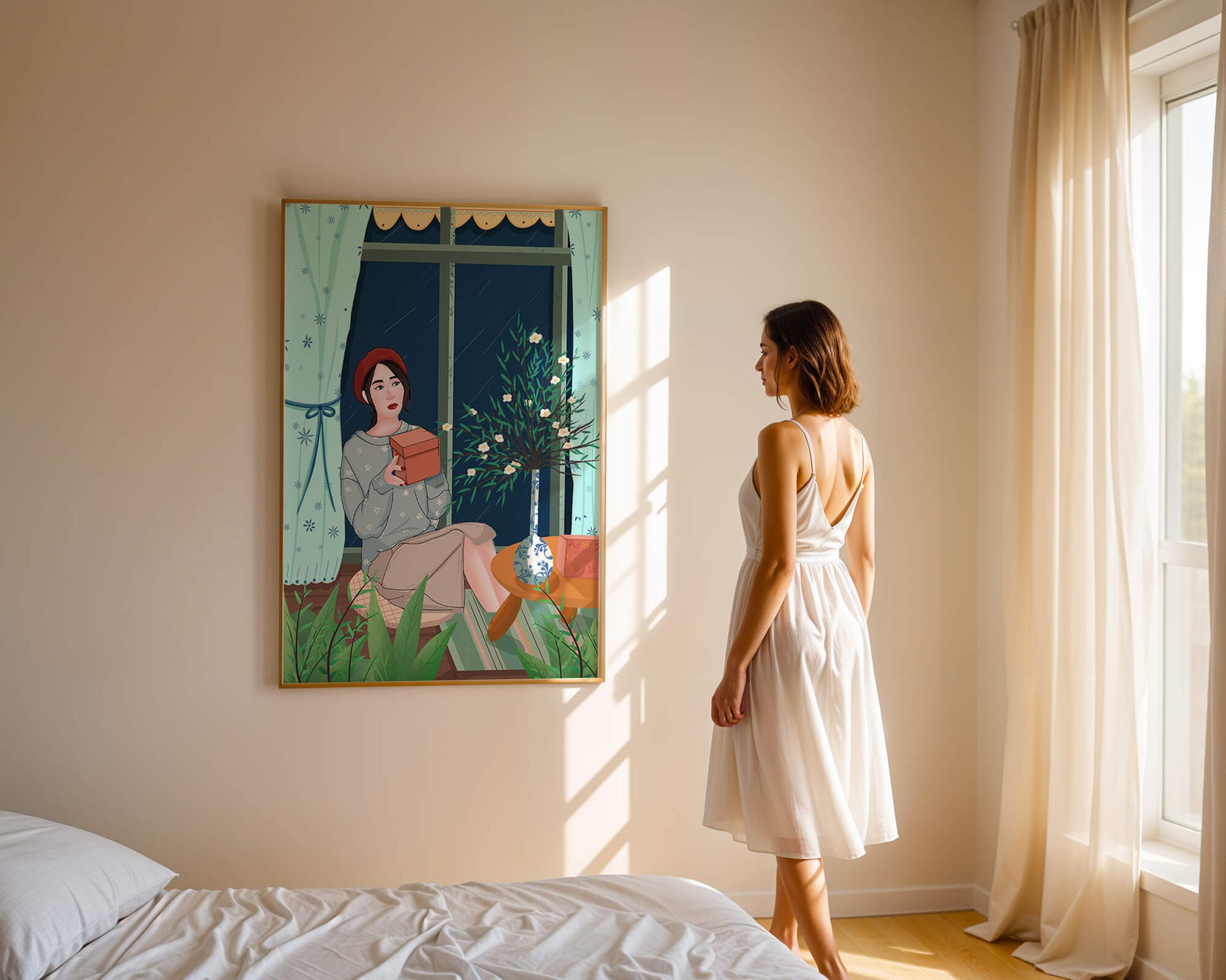 Mujer sosteniendo una caja de regalo en un interior acogedor con flores y ventana lluviosa