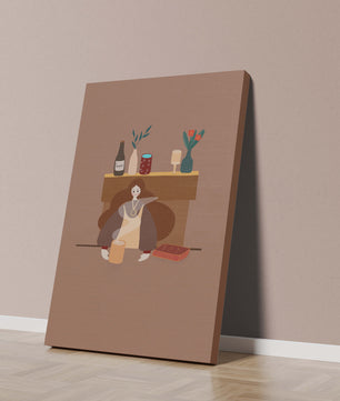 Escena acogedora con mujer junto a la chimenea y elementos decorativos
