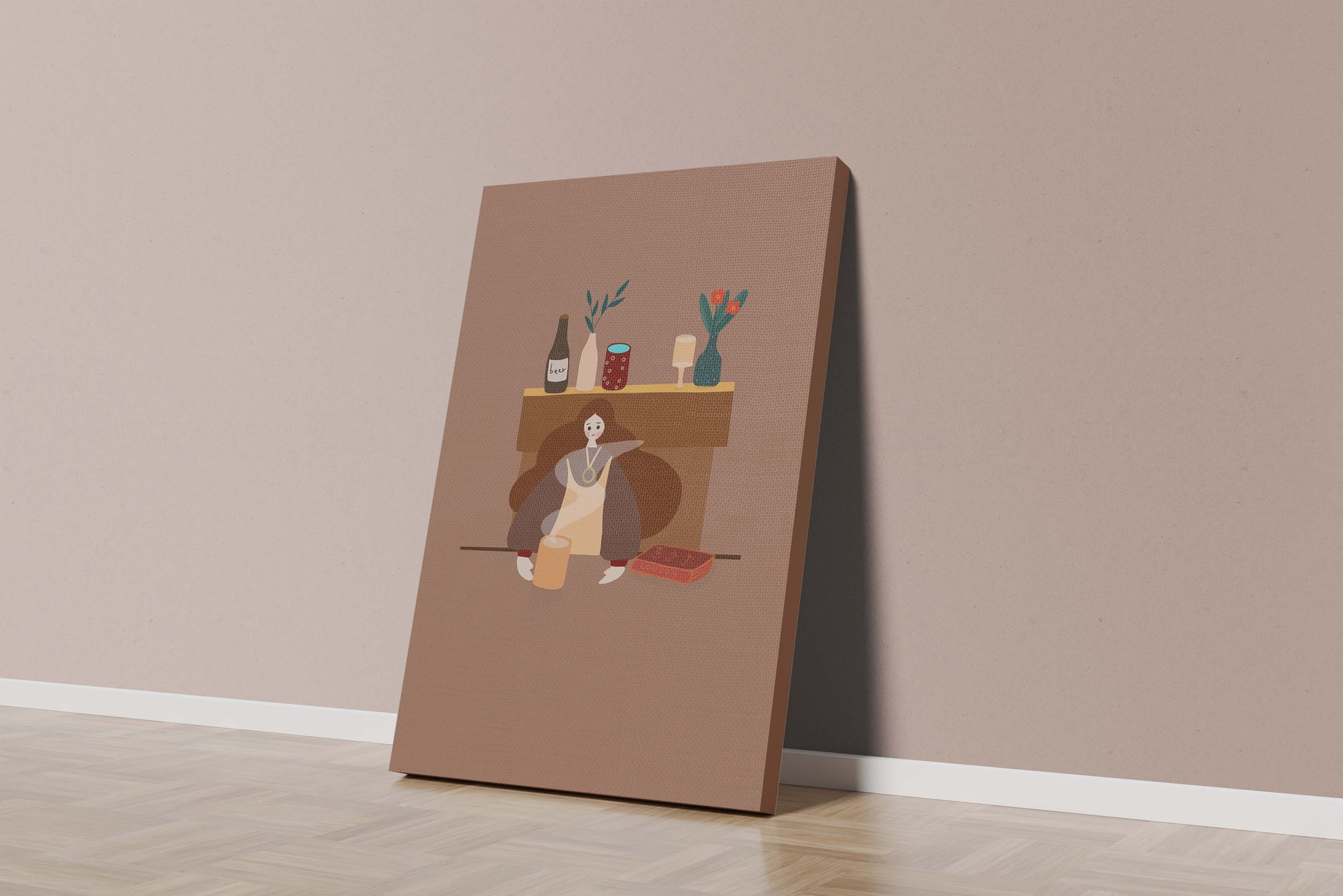 Escena acogedora con mujer junto a la chimenea y elementos decorativos