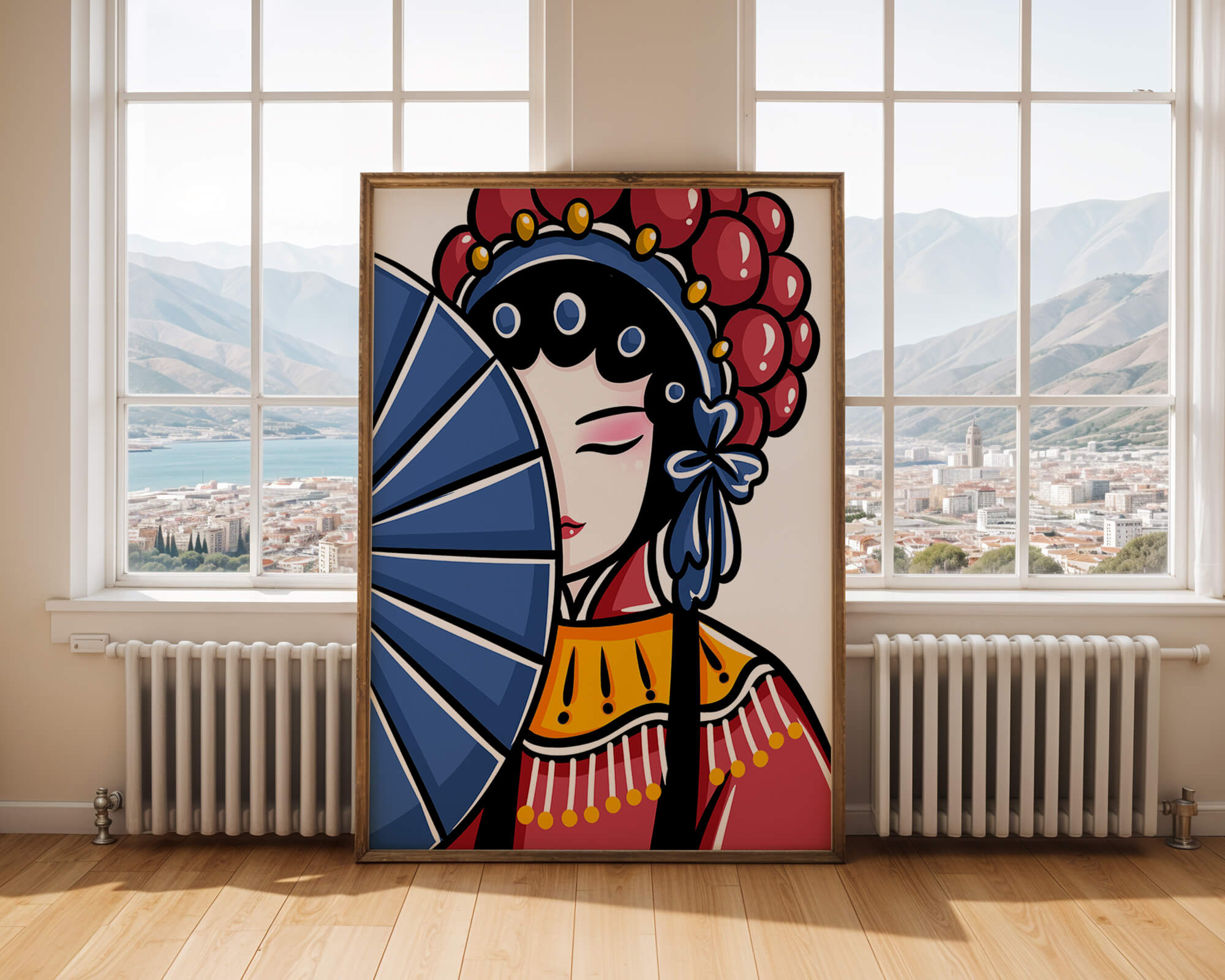 Traditional Asian opera character with fan and decorative headpiece