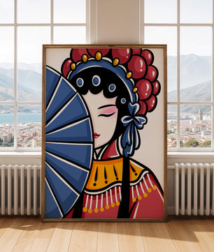 Traditional Asian opera character with fan and decorative headpiece
