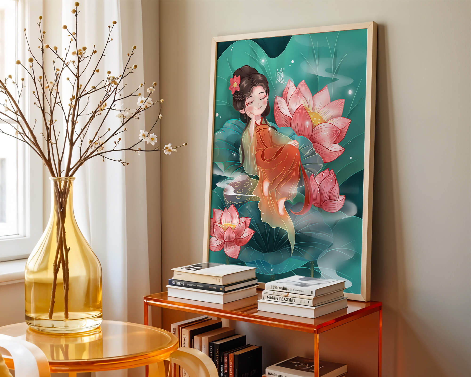 Charming illustration of a girl resting amidst lotus flowers