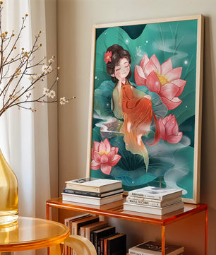 Charmante illustration d'une fille se reposant parmi des fleurs de lotus