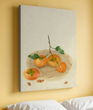 Still Life with Persimmons and Branch on a Neutral Background