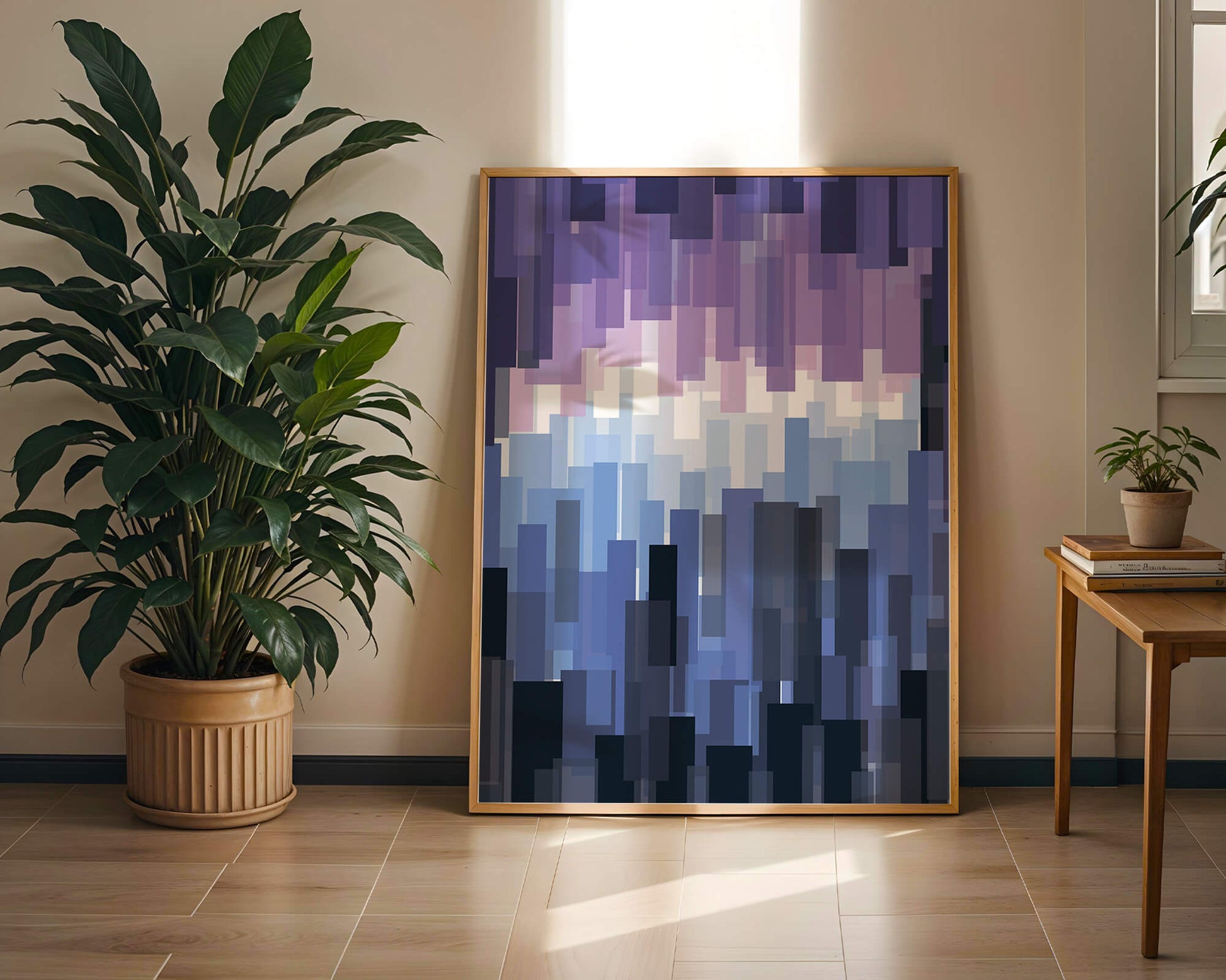 Abstrakter pixeliger Farbverlauf mit Blau- und Lilatönen