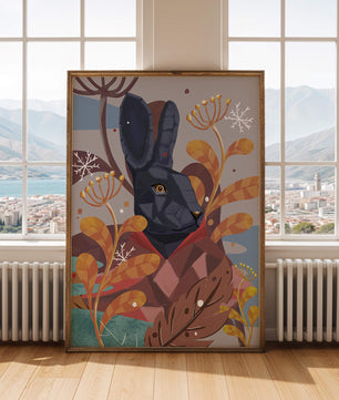 Conejo geométrico abstracto en un entorno floral otoñal vibrante