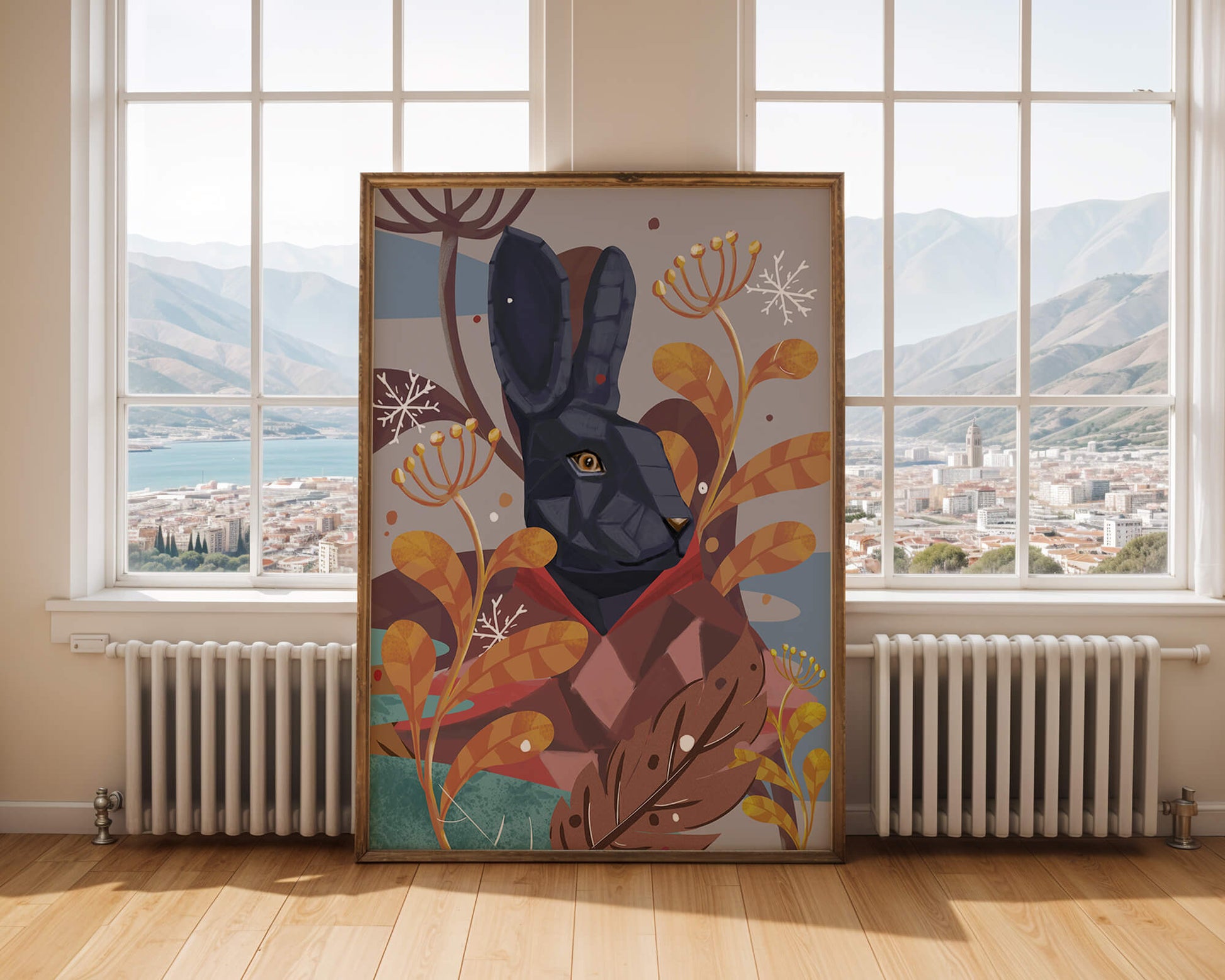 Abstract geometric rabbit in a vibrant autumn floral setting