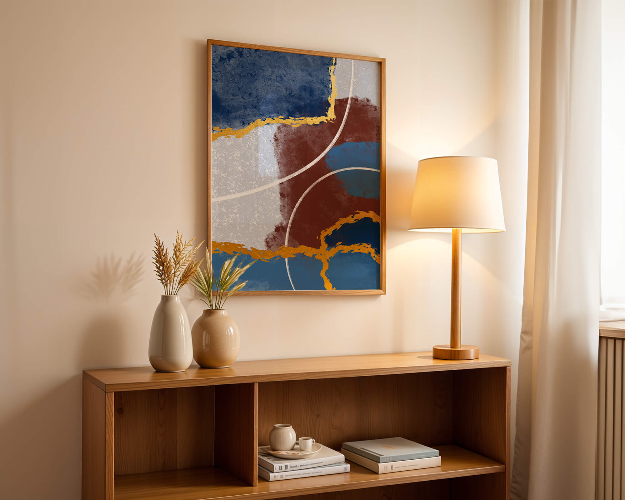 Abstract painting with gold accents and geometric elements