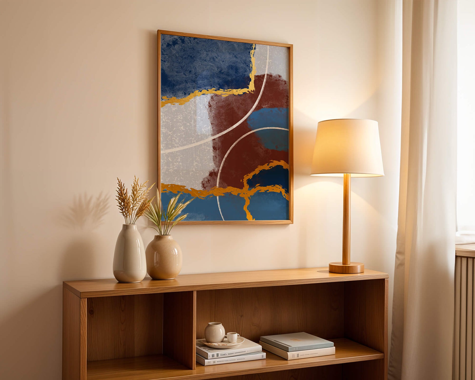 Abstract painting with gold accents and geometric elements