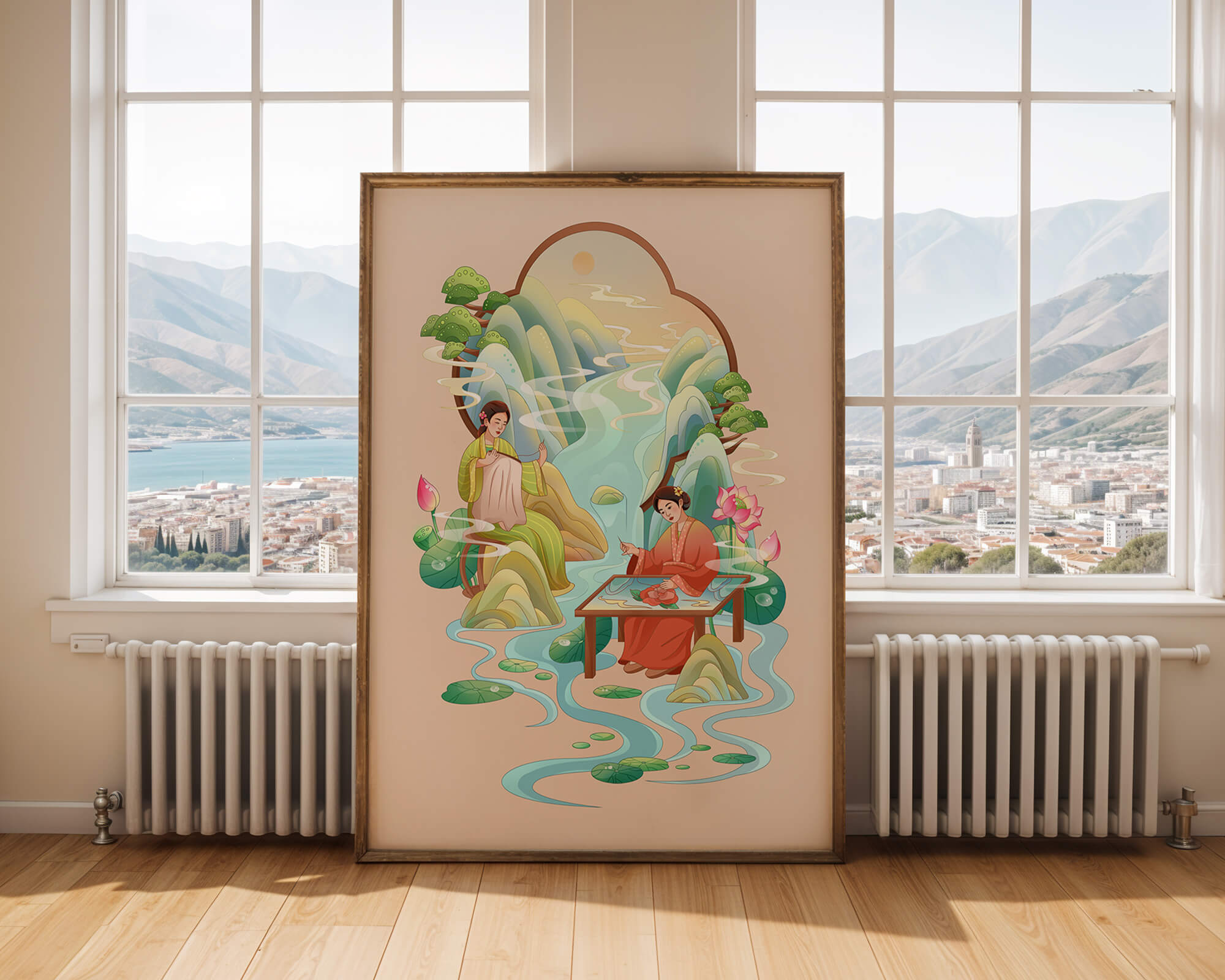 Serene water and nature scene with people in traditional attire