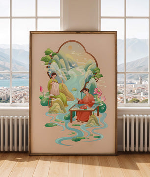 Scène d'eau sereine et de nature avec des personnes en tenue traditionnelle