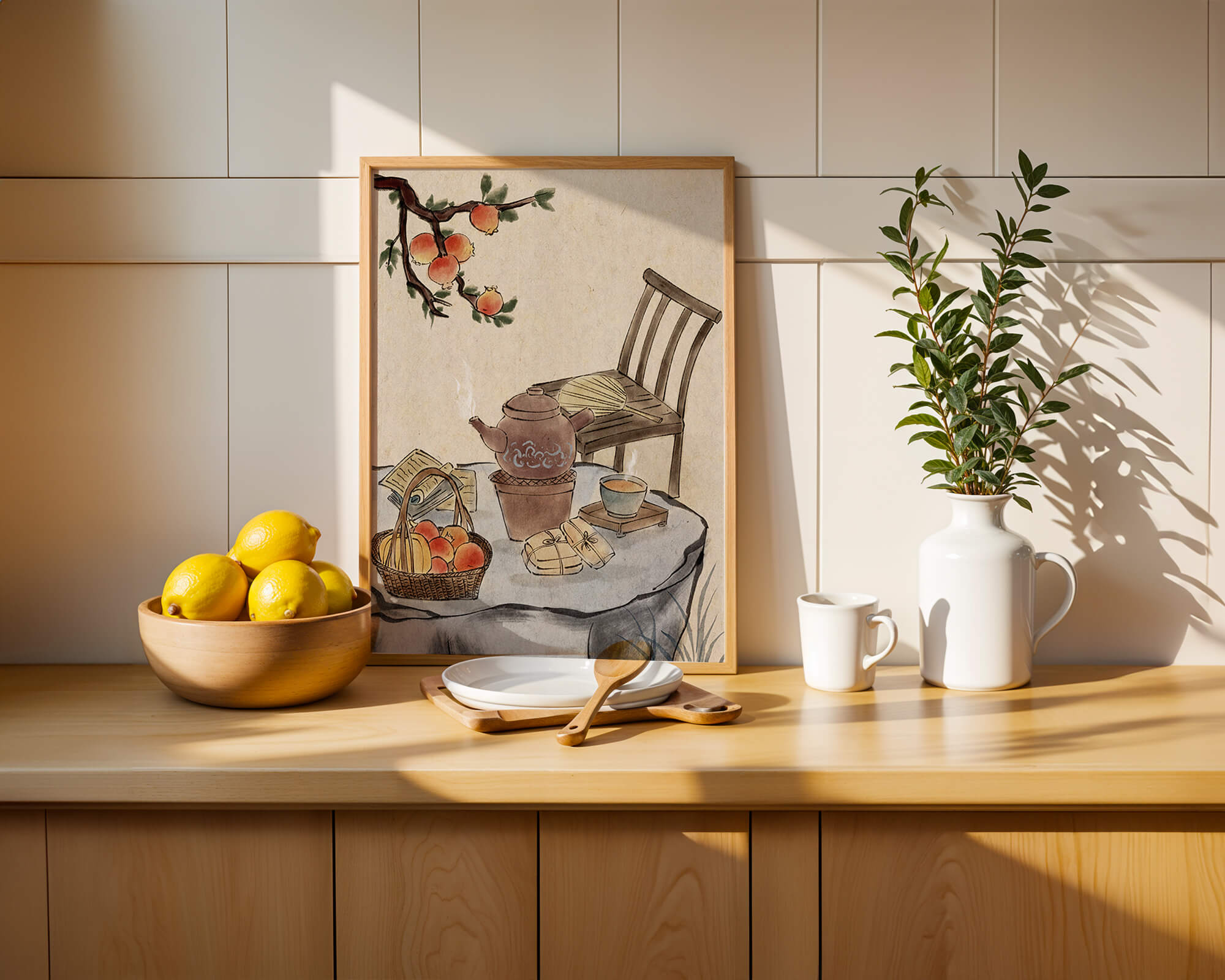 Watercolor painting of tea time setting with fruits and wooden chair