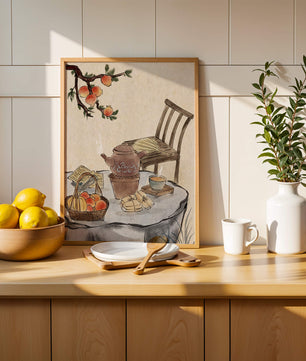 Peinture à l’aquarelle d’un moment de dégustation de thé avec des fruits et une chaise en bois