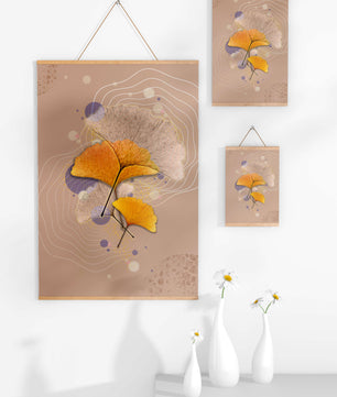 Elegante Blätter des Ginkgo mit abstrakten wellenförmigen und kreisförmigen Elementen